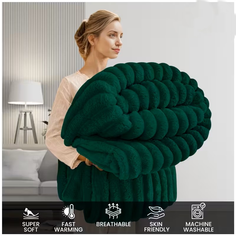 Luxury Dark Green Ribbed Fleece Throw Blanket – Ultra-Soft All-Season Sofa & Bed Throw - Image 2