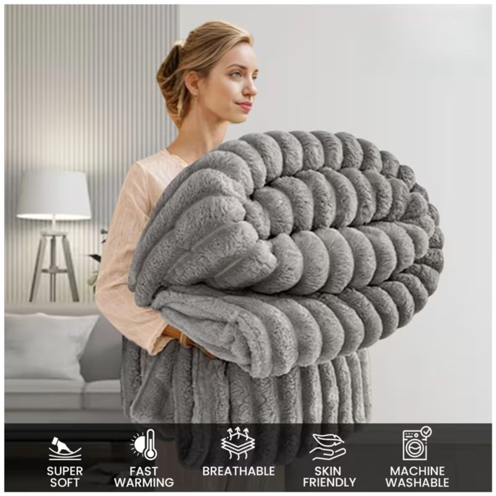 Ultra-Soft Fleece Throw Blanket for Couch & Bed - Cozy Plush Ribbed Texture, Grey