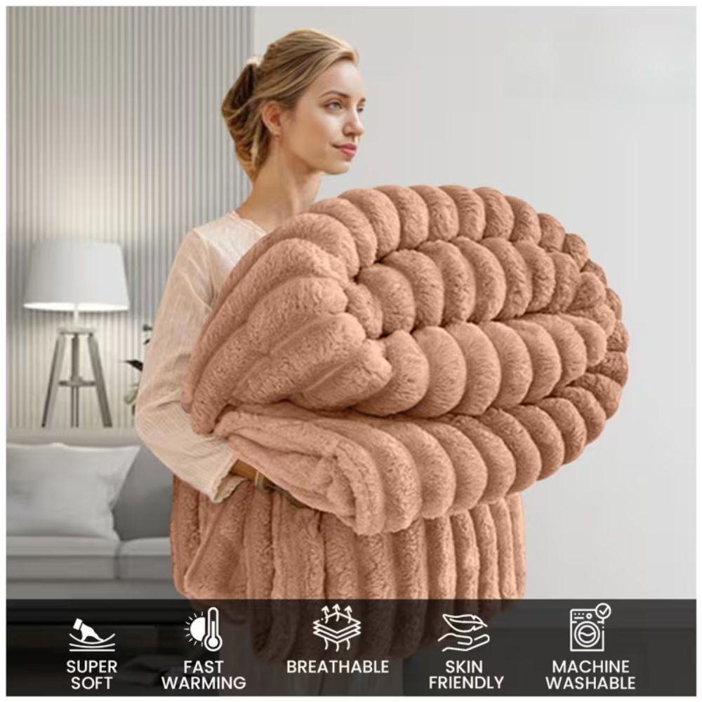 Mink Color Ultra-Soft Fleece Throw Blanket for Couch & Bed - Cozy Plush Ribbed Texture,