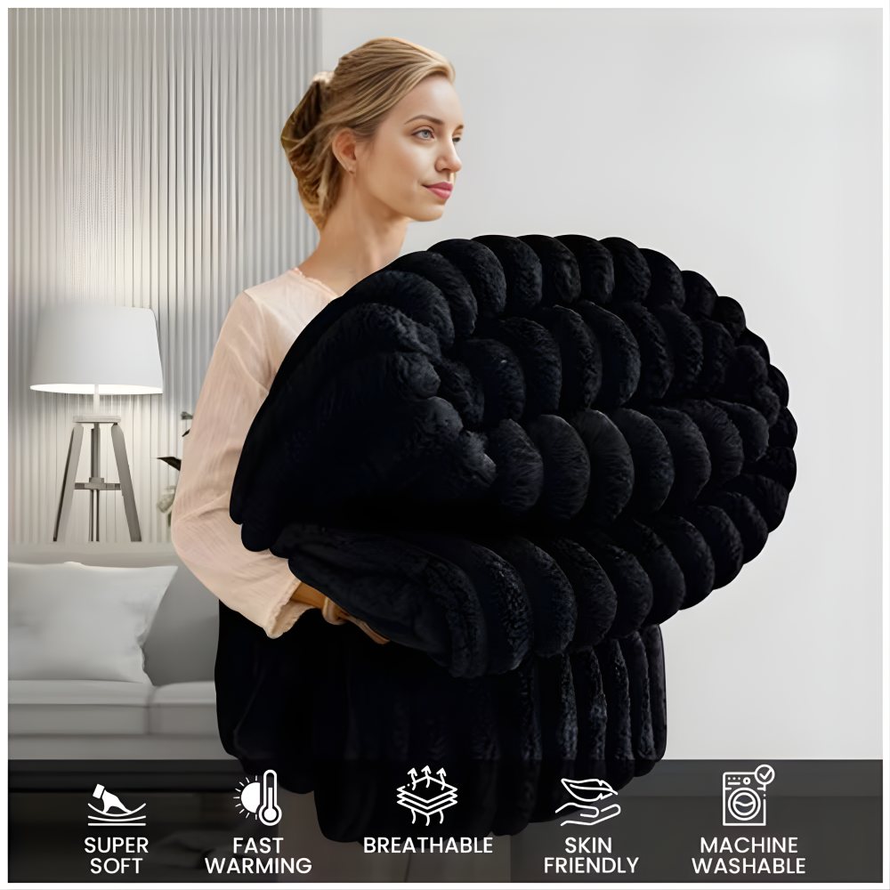 Black Ultra-Soft Fleece Throw Blanket for Couch & Bed - Cozy Plush Ribbed Texture,